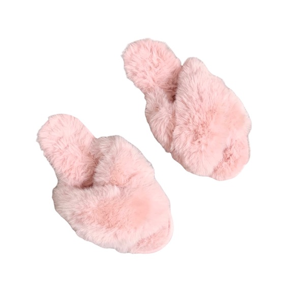 ❌SOLD❌ Lauren Conrad Pink Crossover Faux Fur Slipper Fuzzy Soft CrissCross M 7-8 - Picture 3 of 8